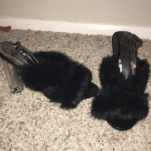 Black fur Sandal Heels!!!